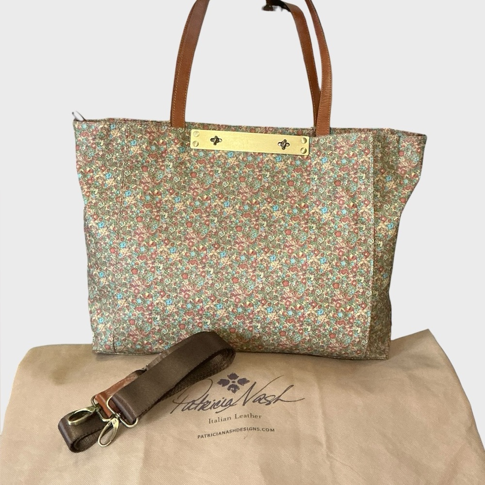 Patricia Nash Silvi Tote Coral Bouquet Floral Leather Trim Travel Work